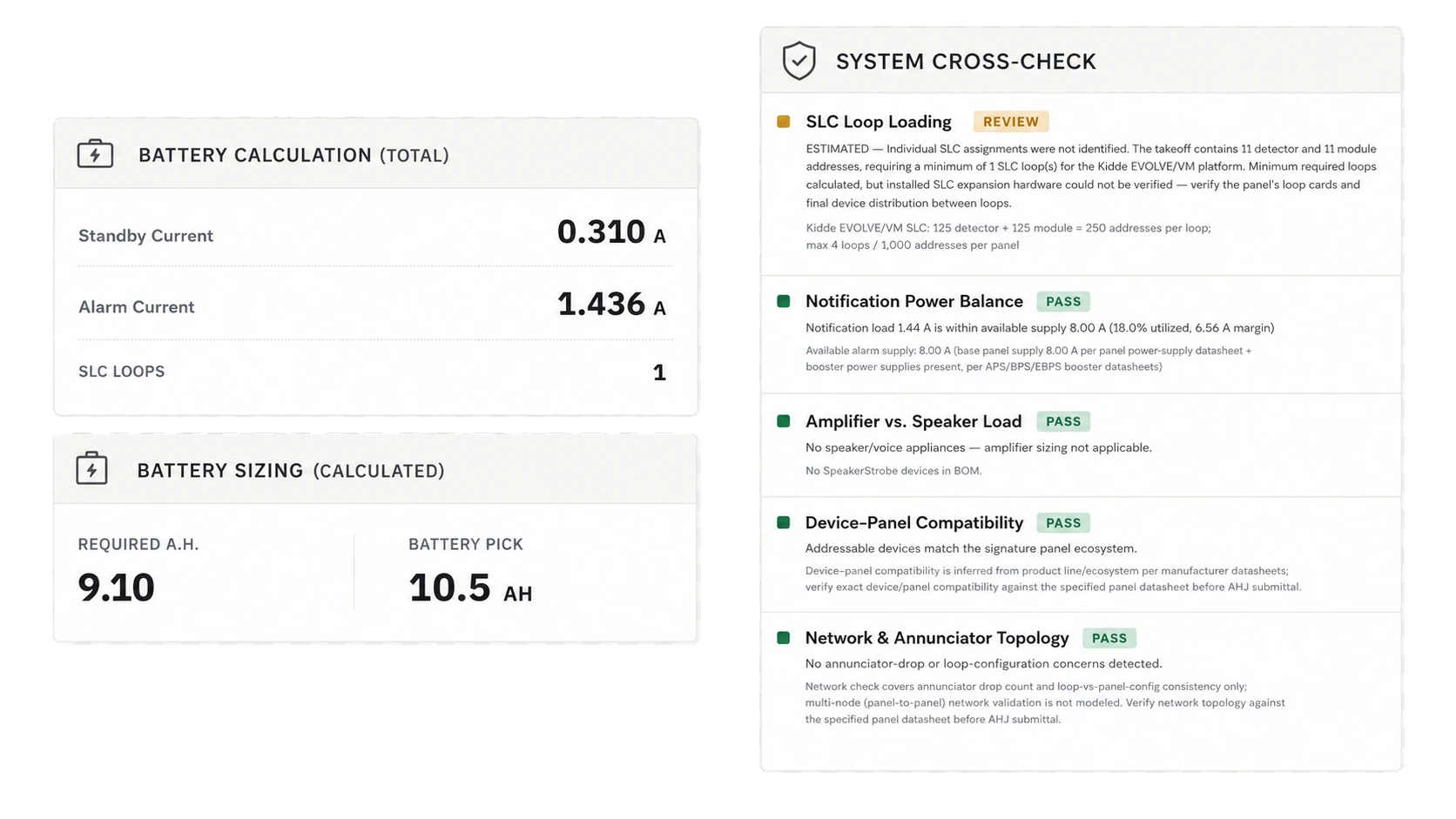 SPEK battery sizing calculations and fire alarm system cross-check results.